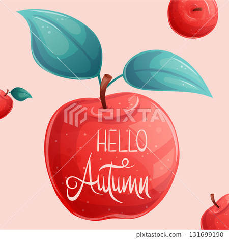 Square autumn postcard with juicy red apples. "Hello, autumn." Vector illustration for seasonal design of banners, posters and promotions. Square autumn postcard with juicy red apples. "Hello, autumn." Vector illustration for seasonal design of banners, posters and promotions. 131699190