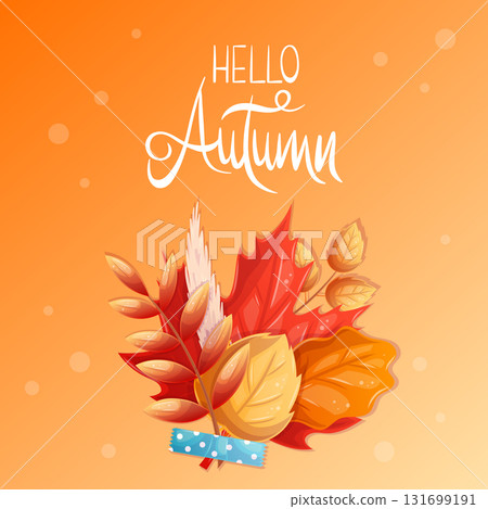 A square autumn postcard with a bouquet of leaves. Maple, oak, mountain ash. Vector illustration for seasonal design of banners, posters, promotions, advertisements. A square autumn postcard with a bouquet of leaves. Maple, oak, mountain ash. Vector illustration for seasonal design of banners, posters, promotions, advertisements. 131699191