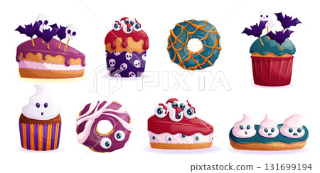 A set of sweet Halloween pastries decorated with eyeballs, ghosts and bats. Cupcakes, cakes, donuts, eclairs. Isolated vector illustration on a white background for the design of posters, banners A set of sweet Halloween pastries decorated with eyeballs, ghosts and bats. Cupcakes, cakes, donuts, eclairs. Isolated vector illustration on a white background for the design of posters, banners 131699194