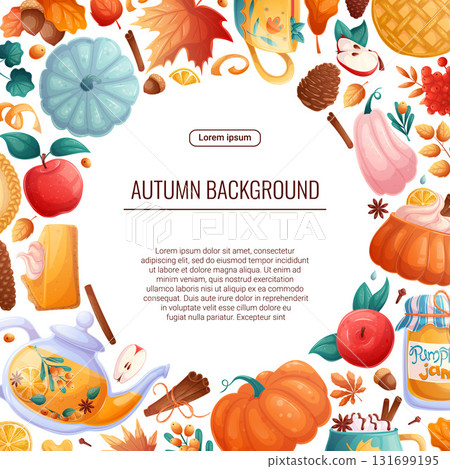 Bright background with autumn elements. Square frame with autumn leaves, drinks and food for poster, flyer, postcard and invitations to autumn parties. Vector illustration Bright background with autumn elements. Square frame with autumn leaves, drinks and food for poster, flyer, postcard and invitations to autumn parties. Vector illustration 131699195