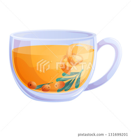 Glass cup with sea buckthorn tea on a white background, The concept of autumn, tea shop, tea party. Isolated vector illustration for the design of poster, banner, website, menu, advertisement Glass cup with sea buckthorn tea on a white background, The concept of autumn, tea shop, tea party. Isolated vector illustration for the design of poster, banner, website, menu, advertisement 131699201