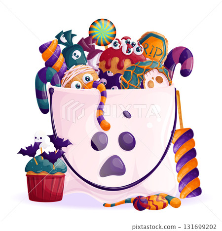 Candies, lollipops, marshmallows, caramel canes, Halloween sweets in a bucket in the form of a ghost. Isolated vector illustration on a white background for the design of posters, banners, invitations Candies, lollipops, marshmallows, caramel canes, Halloween sweets in a bucket in the form of a ghost. Isolated vector illustration on a white background for the design of posters, banners, invitations 131699202