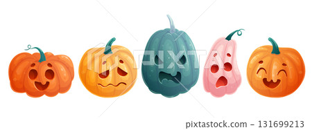 A set of colorful Halloween pumpkins on a white background. The main symbol of the merry Halloween holiday. Isolated vector illustration for stickers, design, decoration. A set of colorful Halloween pumpkins on a white background. The main symbol of the merry Halloween holiday. Isolated vector illustration for stickers, design, decoration. 131699213