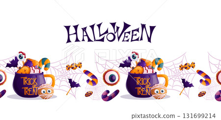 Seamless border with a mug with a hot drink, marshmallows, cookies, lollipops, lollipops for Halloween. "Trick or treat." Vector illustration for postcards, posters, banners, websites Seamless border with a mug with a hot drink, marshmallows, cookies, lollipops, lollipops for Halloween. "Trick or treat." Vector illustration for postcards, posters, banners, websites 131699214
