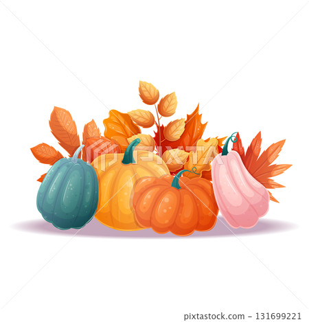 An illustration with elements of autumn, with colorful pumpkins and autumn leaves. Isolated vector illustration for seasonal design of postcards, banners, posters. An illustration with elements of autumn, with colorful pumpkins and autumn leaves. Isolated vector illustration for seasonal design of postcards, banners, posters. 131699221