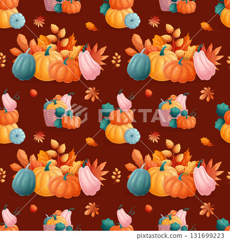 Seamless pattern with colorful pumpkins and autumn leaves. The concept of autumn, Thanksgiving. Vector illustration for seasonal design of postcards, banners, posters and promotions 131699223