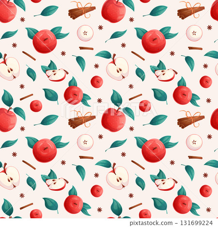 Seamless pattern with apples. Whole apple, half apple, sliced apple, slices, cinnamon. Vector illustration for seasonal design of postcards, banners, posters and promotions 131699224