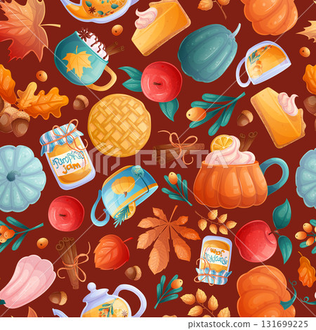 Seamless pattern with autumn elements on a brown background. Pumpkin, apple, jam, pie, leaves, sea buckthorn. Vector illustration for seasonal design of postcards, banners, posters and promotions Seamless pattern with autumn elements on a brown background. Pumpkin, apple, jam, pie, leaves, sea buckthorn. Vector illustration for seasonal design of postcards, banners, posters and promotions 131699225