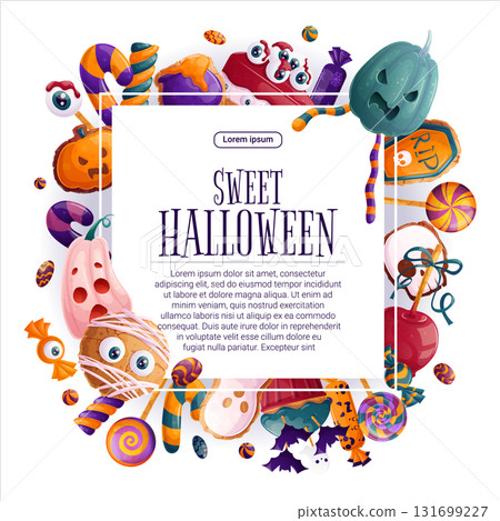 Colorful background with Halloween elements. A square frame with sweets, candies, pumpkins and pastries for posters, flyers, postcards and invitations to Halloween parties. Vector illustration 131699227