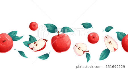 Seamless border with apples on a white background. Whole apple, half apple, sliced apple. Vector illustration for the design of postcards, advertisements, banners, posters. 131699229