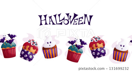 Seamless Halloween border with a set of delicious cupcakes decorated with eyeballs, ghosts and bats. "Trick or treat." Vector illustration for postcards, posters, banners, websites Seamless Halloween border with a set of delicious cupcakes decorated with eyeballs, ghosts and bats. "Trick or treat." Vector illustration for postcards, posters, banners, websites 131699232