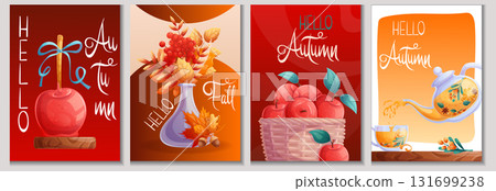 A set of greeting card templates with a bouquet of autumn leaves, apples, sea buckthorn tea. Happy Thanksgiving day. Vector illustration for seasonal design of postcards, banners, posters, promotions A set of greeting card templates with a bouquet of autumn leaves, apples, sea buckthorn tea. Happy Thanksgiving day. Vector illustration for seasonal design of postcards, banners, posters, promotions 131699238