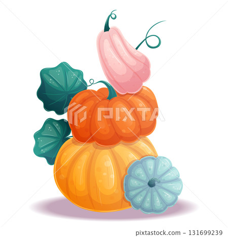 An illustration with elements of autumn, with colorful pumpkins standing on top of each other. Isolated vector illustration for seasonal design of postcards, banners, posters. An illustration with elements of autumn, with colorful pumpkins standing on top of each other. Isolated vector illustration for seasonal design of postcards, banners, posters. 131699239