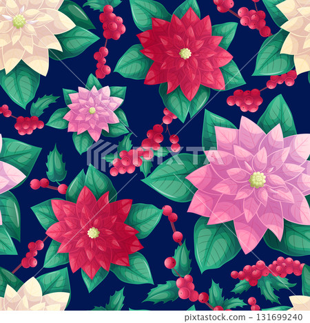 Seamless pattern with traditional Christmas plants poinsettia and holly. The concept of Christmas, New Year, holiday. Vector illustration for postcards, posters, banners, websites, printing design 131699240