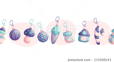 Seamless border with painted Christmas tree toys on a white background. Festive glass balls. The concept of Christmas, New Year. Vector illustration for postcards, posters, banners, websites Seamless border with painted Christmas tree toys on a white background. Festive glass balls. The concept of Christmas, New Year. Vector illustration for postcards, posters, banners, websites 131699241