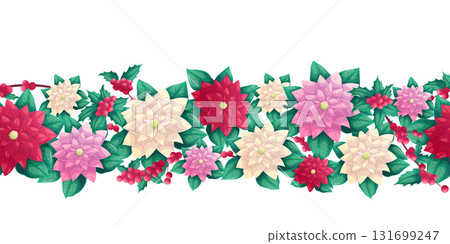 Seamless border with a traditional Christmas poinsettia plant. The concept of Christmas, New Year, holiday. Vector illustration for the design of postcards, banners and posters. Seamless border with a traditional Christmas poinsettia plant. The concept of Christmas, New Year, holiday. Vector illustration for the design of postcards, banners and posters. 131699247