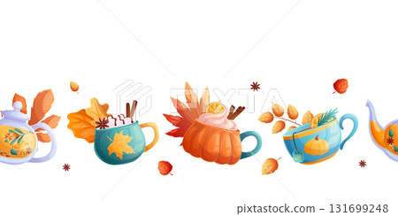 Seamless border with autumn drinks and leaves on a white background. The concept of autumn, tea drinking. Vector illustration for the design of postcards, advertisements, banners, posters, websites. Seamless border with autumn drinks and leaves on a white background. The concept of autumn, tea drinking. Vector illustration for the design of postcards, advertisements, banners, posters, websites. 131699248