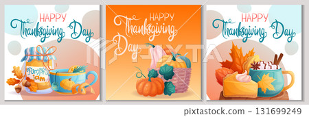 A set of square autumn postcards. A basket of pumpkins, pumpkin jam and pie, a cup of autumn drink. Happy Thanksgiving day. Vector illustration for seasonal design of postcards, banners, posters A set of square autumn postcards. A basket of pumpkins, pumpkin jam and pie, a cup of autumn drink. Happy Thanksgiving day. Vector illustration for seasonal design of postcards, banners, posters 131699249