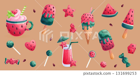 A set of delicious watermelon desserts and sweets on a pink background. The concept of confectionery, cooking, and summer. Isolated vector illustrations for menu design, posters, banners, covers 131699253