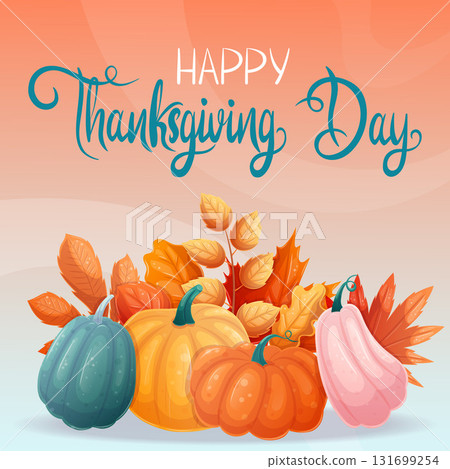 Square autumn postcard with colorful pumpkins and autumn leaves. Happy Thanksgiving Day. Vector illustration for seasonal design of banners, posters, and promotions. 131699254