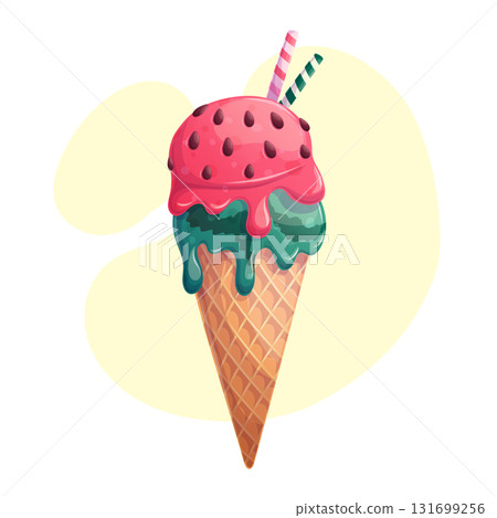 A waffle tube with delicious watermelon ice cream on a yellow background. The concept of confectionery, baking, cooking. Isolated vector illustration for menu design, posters, banners, covers 131699256