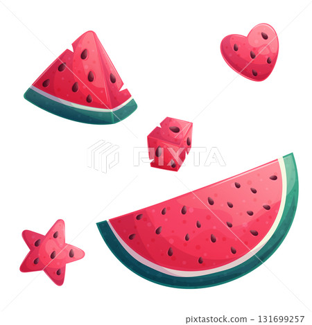 A set of delicious watermelon slices of different shapes on a white background. The concept of summer, summer sweets. Isolated vector illustrations for menu design, posters, banners, covers 131699257