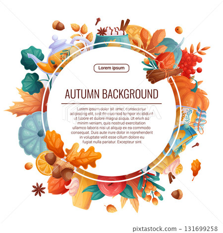 Decorative frame with autumn elements. A square wreath with autumn leaves, drinks and food for postcards and invitations to autumn parties. Vector illustration Decorative frame with autumn elements. A square wreath with autumn leaves, drinks and food for postcards and invitations to autumn parties. Vector illustration 131699258