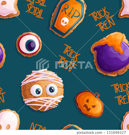 Seamless Halloween pattern. Cookies in the form of a mummy, a cauldron, a ghost, a pumpkin on a green background. "Trick or treat." Vector illustration for postcards, posters, banners, websites Seamless Halloween pattern. Cookies in the form of a mummy, a cauldron, a ghost, a pumpkin on a green background. "Trick or treat." Vector illustration for postcards, posters, banners, websites 131699327