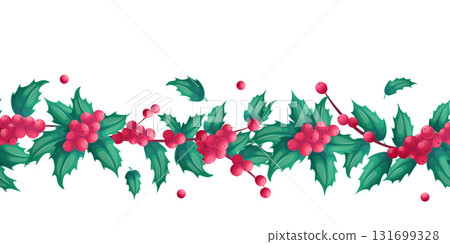 Seamless border with Christmas holly branches. The concept of Christmas, New Year, holiday. Vector illustration for postcards, posters, banners, websites, printing design 131699328