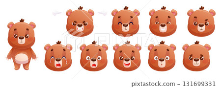 A bear with a diverse set of facial expressions. A colorful happy, calm, surprised, angry, contented, crying face. Cartoon children's vector illustration for the design of postcard, print, sticker A bear with a diverse set of facial expressions. A colorful happy, calm, surprised, angry, contented, crying face. Cartoon children's vector illustration for the design of postcard, print, sticker 131699331