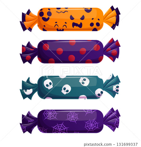 A set of candies in different wrappers. Trick or Treat. The concept of Halloween, a holiday. Isolated vector illustration for stickers, design, decoration. A set of candies in different wrappers. Trick or Treat. The concept of Halloween, a holiday. Isolated vector illustration for stickers, design, decoration. 131699337