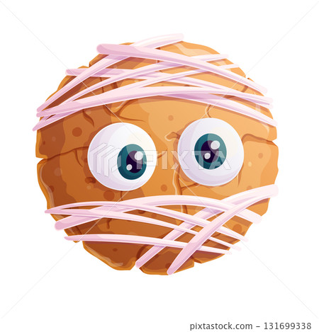 Delicious cookies in the shape of a mummy's face with eyeballs on a white background. The concept of Halloween, a holiday. Isolated vector illustration for stickers, design, decoration. 131699338