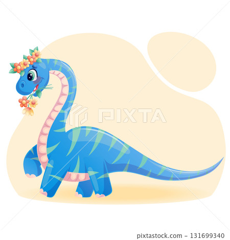 A cute dinosaur with flowers in its mouth and on its head. A charming prehistoric animal with a long neck. Isolated vector illustration for design, prints and patterns A cute dinosaur with flowers in its mouth and on its head. A charming prehistoric animal with a long neck. Isolated vector illustration for design, prints and patterns 131699340