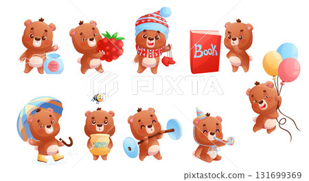 A set of cute bears performing various actions. New Year, autumn, birthday, book, dentistry, sports. Cartoon children's vector illustration for the design of postcard, card, print, textile, sticker A set of cute bears performing various actions. New Year, autumn, birthday, book, dentistry, sports. Cartoon children's vector illustration for the design of postcard, card, print, textile, sticker 131699369