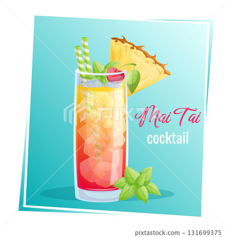 Mai tai cocktail in a glass, pineapple slice, mint, cherry on a blue background. The concept of a party, cocktail bar, summer. Isolated vector illustration for menu design, posters, banners, covers 131699375