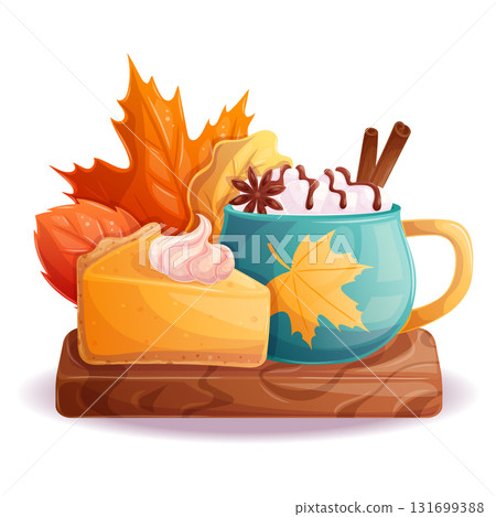 An illustration with elements of autumn, a piece of pumpkin pie, a cup of cocoa with marshmallows and leaves. Isolated vector illustration for seasonal design of postcards, banners, posters An illustration with elements of autumn, a piece of pumpkin pie, a cup of cocoa with marshmallows and leaves. Isolated vector illustration for seasonal design of postcards, banners, posters 131699388