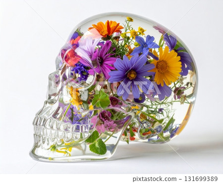 View of a glass skull filled with colorful wildflowers 131699389