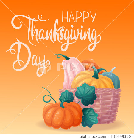 Square autumn postcard with colorful pumpkins in a wicker basket. Happy Thanksgiving Day. Vector illustration for seasonal design of banners, posters, and promotions. Square autumn postcard with colorful pumpkins in a wicker basket. Happy Thanksgiving Day. Vector illustration for seasonal design of banners, posters, and promotions. 131699390