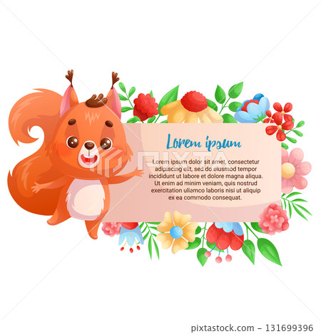 Poster design template with flowers and a cute funny squirrel waving its paw. Cartoon children's vector illustration for the design of postcards, postcards, banners, posters 131699396