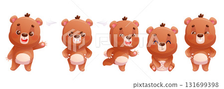 A set of cute bears performing various actions. Standing, sitting, running, waving your arms. Cartoon children's vector illustration for the design of postcards, postcards, prints, textiles, stickers 131699398