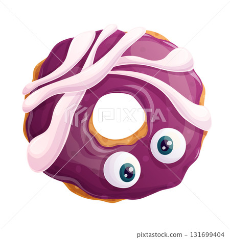 Delicious donut in the form of a mummy, eyeball, skull on a white background. Trick or Treat. The concept of Halloween, a holiday. Isolated vector illustration for stickers, design, decoration. Delicious donut in the form of a mummy, eyeball, skull on a white background. Trick or Treat. The concept of Halloween, a holiday. Isolated vector illustration for stickers, design, decoration. 131699404