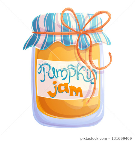 Glass jar of pumpkin jam on a white background. The concept of autumn, harvest, and autumn gifts. Isolated vector illustration for poster, banner, website, menu, advertisement design Glass jar of pumpkin jam on a white background. The concept of autumn, harvest, and autumn gifts. Isolated vector illustration for poster, banner, website, menu, advertisement design 131699409