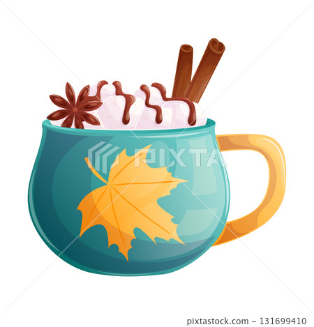 A cup of cocoa and marshmallows on a white background. The concept of autumn, warming drinks. Isolated vector illustration for the design of posters, banners, websites, menus, and advertisements. 131699410