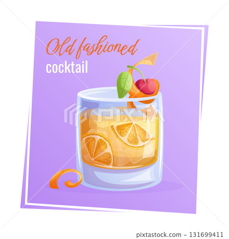 Old fashion cocktail in a glass, orange slice, cherry, ice on a purple background. The concept of a party, cocktail bar, summer. Isolated vector illustration for menu design, posters, banners, covers Old fashion cocktail in a glass, orange slice, cherry, ice on a purple background. The concept of a party, cocktail bar, summer. Isolated vector illustration for menu design, posters, banners, covers 131699411