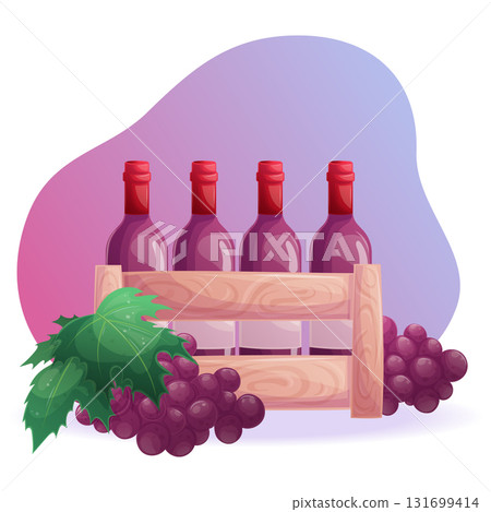 Wooden box with bottles of red wine, grapes and grapes leaves on a pink and blue background. The concept of a vineyard, restaurant. Isolated vector illustrations for posters, banners, web 131699414