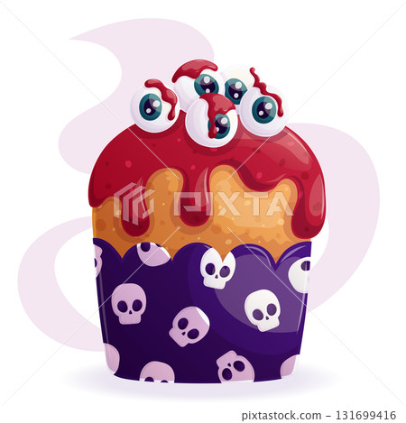 Delicious cupcake decorated with icing and eyeballs. Trick or Treat. The concept of Halloween, a holiday. Isolated vector illustration for stickers, design, decoration. 131699416