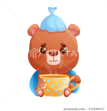 Funny cute sick bear is sitting with a cup of hot drink and an ice pack on his head on a white background. Cartoon children's vector illustration for the design of postcard, card, textile, sticker 131699417