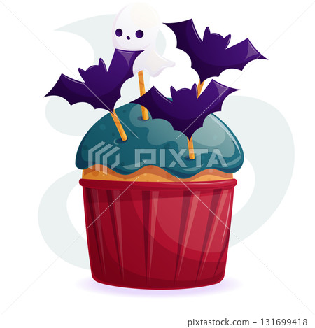 A delicious cupcake with icing and decorations in the form of ghosts and bats. Trick or Treat. The concept of Halloween, a holiday. Isolated vector illustration for stickers, design, decoration. 131699418