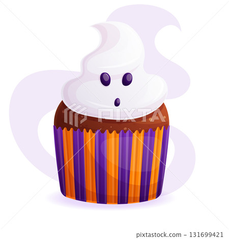 A delicious cupcake decorated with cream in the form of a ghost. Trick or Treat. The concept of Halloween, a holiday. Isolated vector illustration for stickers, design, decoration. 131699421