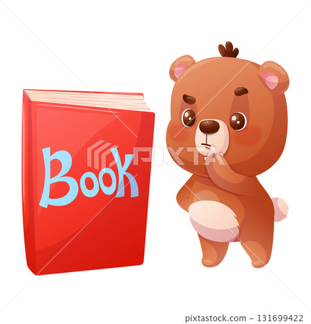 Funny cute bear with a book on a white background. The concept of knowledge and education. Cartoon children's vector illustration for the design of postcards, cards, clothes, textiles, stickers 131699422